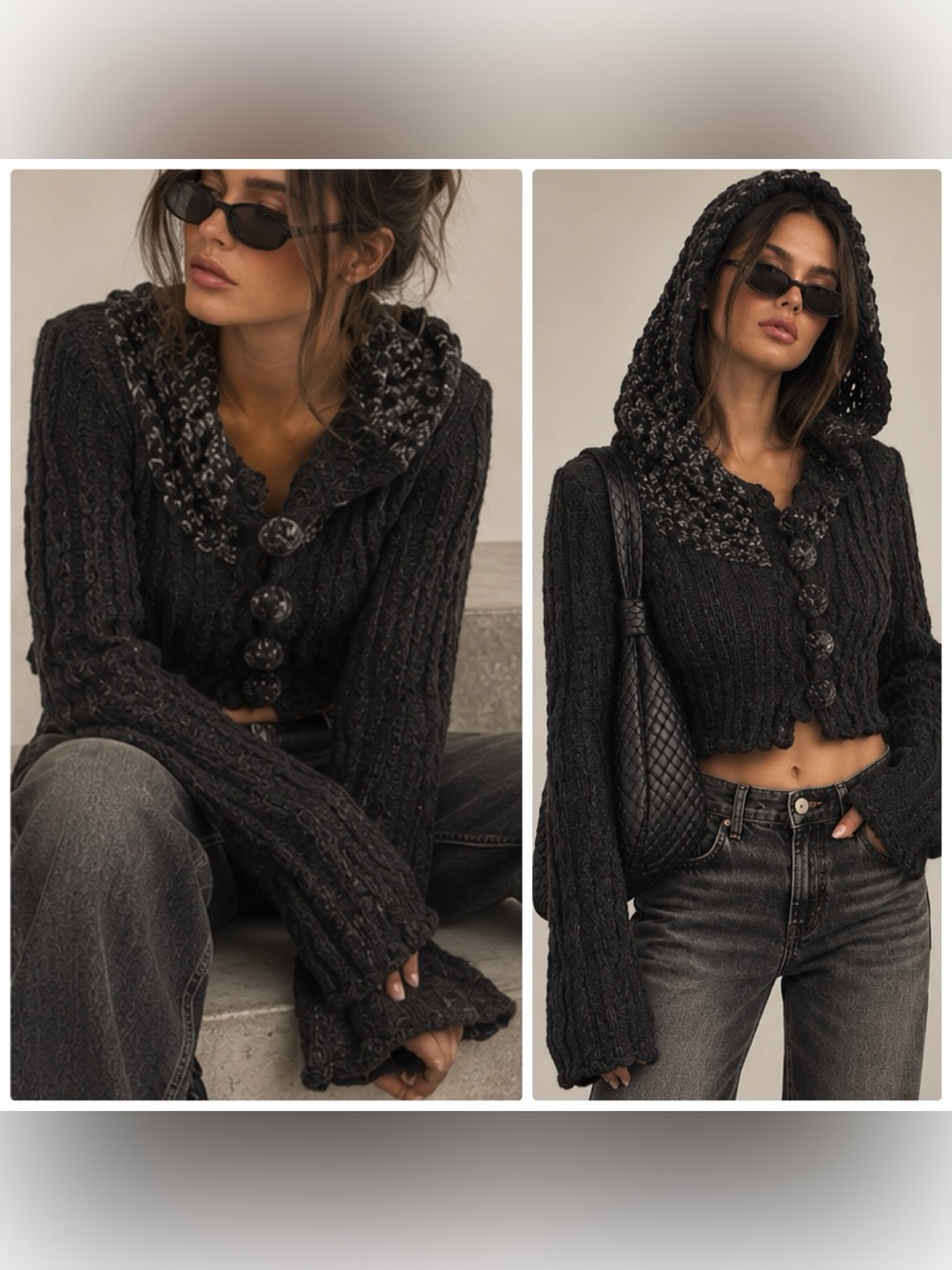 Hand Knit by Dollie Y2K chunky wool witchy Pom Pom cable crop hooded cardigan L